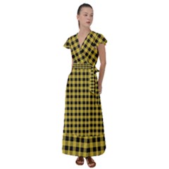 Black And Yellow Small Plaids Flutter Sleeve Maxi Dress by ConteMonfrey