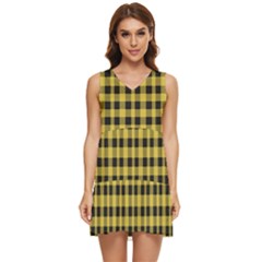 Black And Yellow Small Plaids Tiered Sleeveless Mini Dress by ConteMonfrey