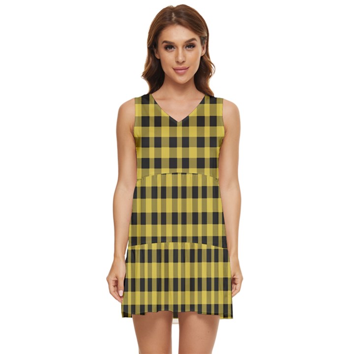 Black and yellow small plaids Tiered Sleeveless Mini Dress