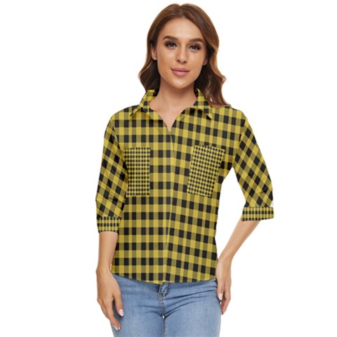 Black And Yellow Small Plaids Women s Quarter Sleeve Pocket Shirt by ConteMonfrey