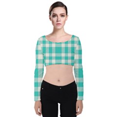 Turquoise Plaids Velvet Long Sleeve Crop Top by ConteMonfrey