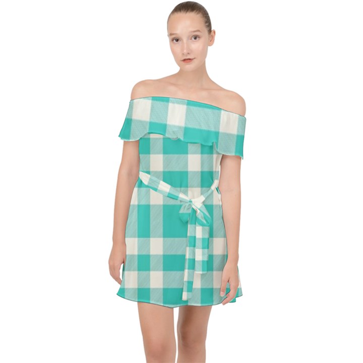 Turquoise Plaids Off Shoulder Chiffon Dress