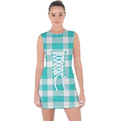 Turquoise Plaids Lace Up Front Bodycon Dress by ConteMonfrey