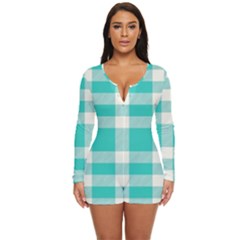 Turquoise Plaids Long Sleeve Boyleg Swimsuit by ConteMonfrey