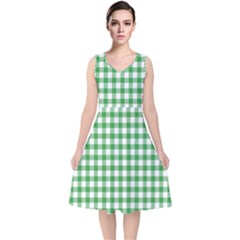 Straight Green White Small Plaids V-neck Midi Sleeveless Dress  by ConteMonfrey