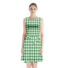 Straight Green White Small Plaids Sleeveless Waist Tie Chiffon Dress by ConteMonfrey