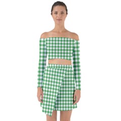 Straight Green White Small Plaids Off Shoulder Top With Skirt Set by ConteMonfrey