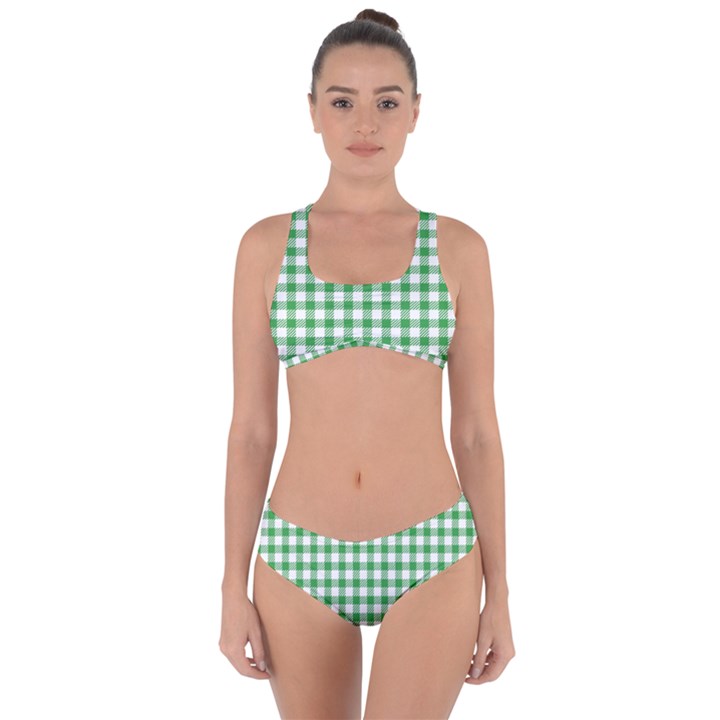 Straight Green White Small Plaids Criss Cross Bikini Set