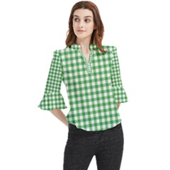 Straight Green White Small Plaids Loose Horn Sleeve Chiffon Blouse