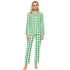 Straight Green White Small Plaids Womens  Long Sleeve Velvet Pocket Pajamas Set by ConteMonfrey