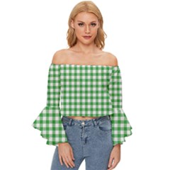 Straight Green White Small Plaids Off Shoulder Flutter Bell Sleeve Top by ConteMonfrey