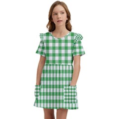 Straight Green White Small Plaids Kids  Frilly Sleeves Pocket Dress by ConteMonfrey