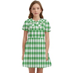 Straight Green White Small Plaids Kids  Bow Tie Puff Sleeve Dress by ConteMonfrey