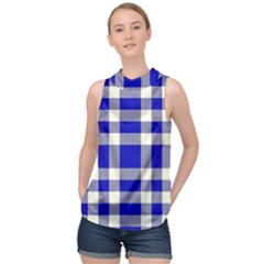 Blue Plaids Bic Big Plaids High Neck Satin Top by ConteMonfrey