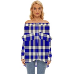 Blue Plaids Bic Big Plaids Off Shoulder Chiffon Pocket Shirt by ConteMonfrey