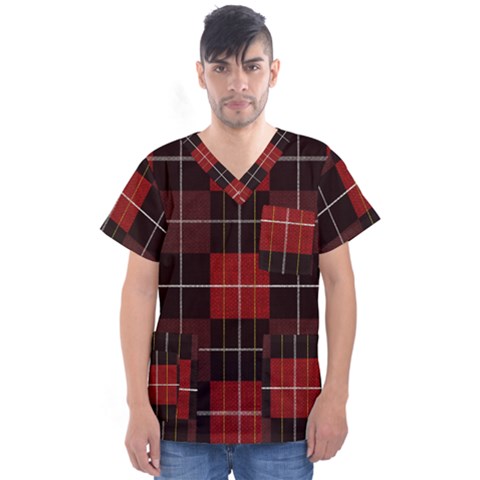 Modern Red Plaids Men s V-neck Scrub Top by ConteMonfrey