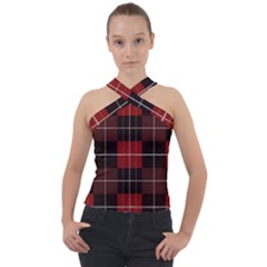 Modern Red Plaids Cross Neck Velour Top by ConteMonfrey