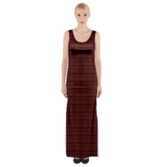 Dark Red Small Plaids Lines Thigh Split Maxi Dress by ConteMonfrey