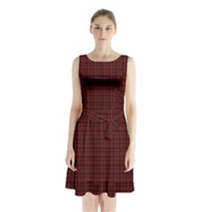 Dark Red Small Plaids Lines Sleeveless Waist Tie Chiffon Dress by ConteMonfrey