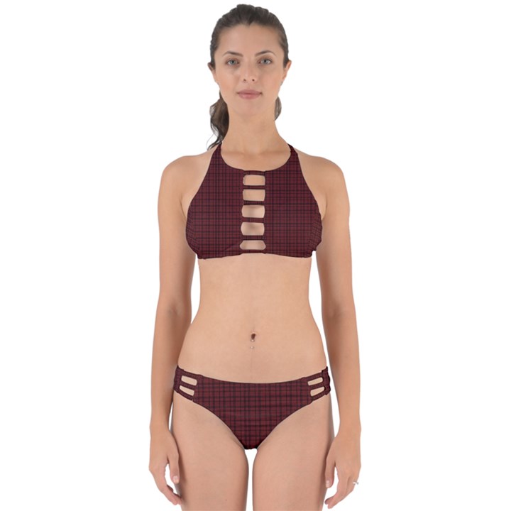 Dark Red Small Plaids Lines Perfectly Cut Out Bikini Set