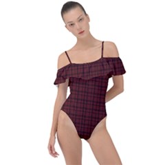 Dark Red Small Plaids Lines Frill Detail One Piece Swimsuit by ConteMonfrey