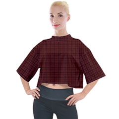 Dark Red Small Plaids Lines Mock Neck Tee by ConteMonfrey