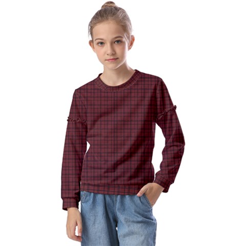 Dark Red Small Plaids Lines Kids  Long Sleeve Tee With Frill  by ConteMonfrey