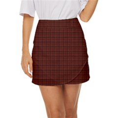 Dark Red Small Plaids Lines Mini Front Wrap Skirt by ConteMonfrey