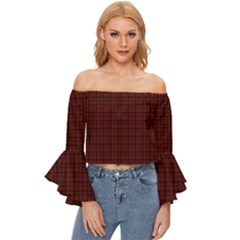 Dark Red Small Plaids Lines Off Shoulder Flutter Bell Sleeve Top by ConteMonfrey