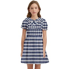 Small Blue And White Plaids Kids  Bow Tie Puff Sleeve Dress by ConteMonfrey