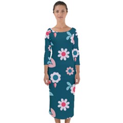 Cute Flowers Flower Seamless Model Spring Quarter Sleeve Midi Bodycon Dress