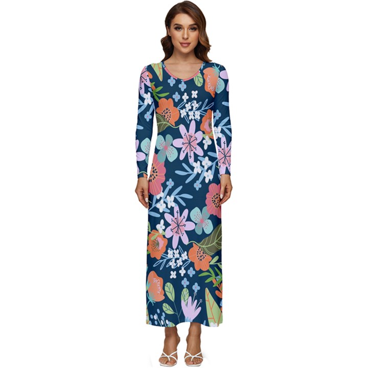 Flowers Flower Flora Nature Floral Background Painting Long Sleeve Velour Longline Maxi Dress