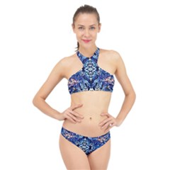 Cobalt Arabesque High Neck Bikini Set by kaleidomarblingart