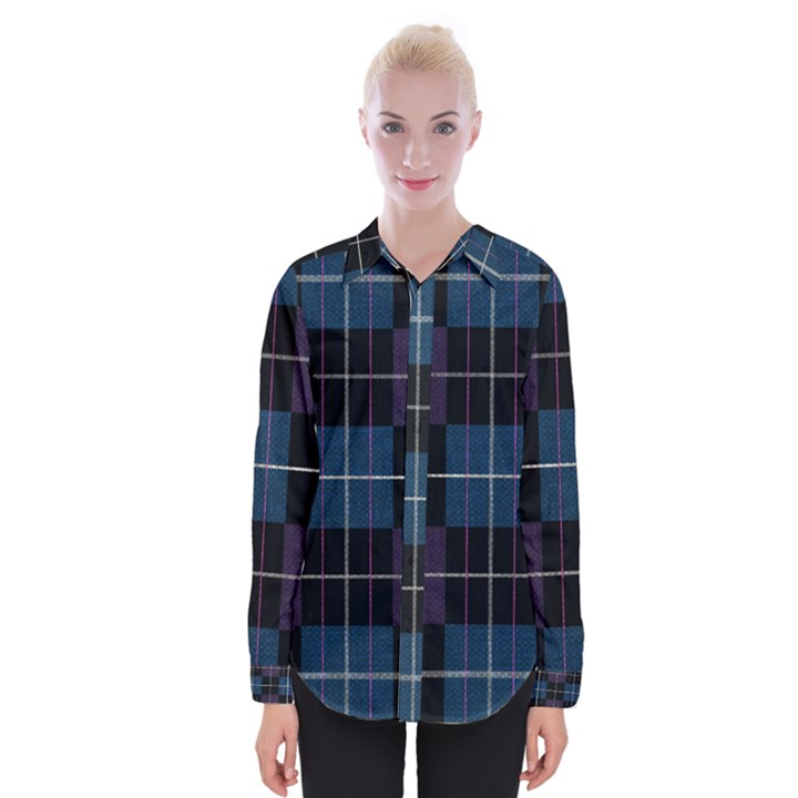 Blue black modern plaids Womens Long Sleeve Shirt