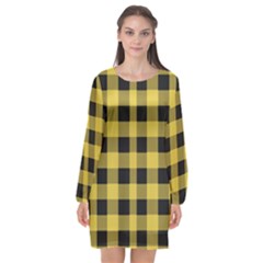 Black And Yellow Small Plaids Long Sleeve Chiffon Shift Dress  by ConteMonfrey