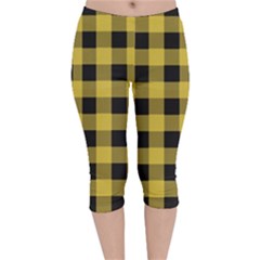 Black And Yellow Small Plaids Velvet Capri Leggings  by ConteMonfrey