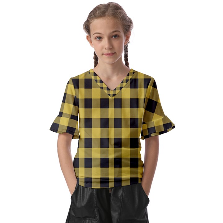 Black and yellow small plaids Kids  V-Neck Horn Sleeve Blouse