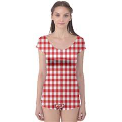 Straight Red White Small Plaids Boyleg Leotard  by ConteMonfrey