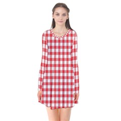 Straight Red White Small Plaids Long Sleeve V-neck Flare Dress by ConteMonfrey