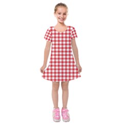 Straight Red White Small Plaids Kids  Short Sleeve Velvet Dress by ConteMonfrey