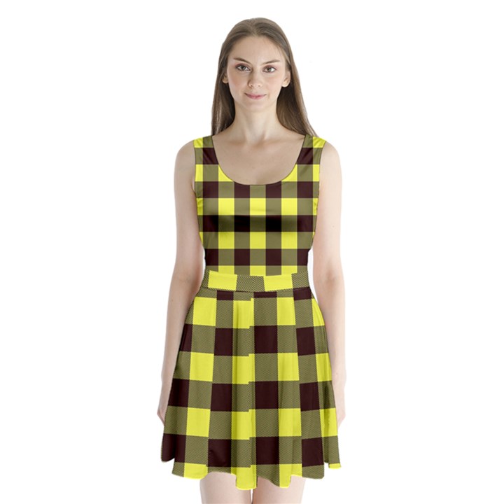 Black and yellow plaids Split Back Mini Dress 