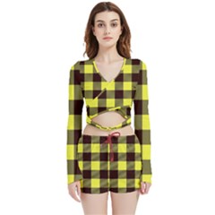 Black And Yellow Plaids Velvet Wrap Crop Top And Shorts Set by ConteMonfrey