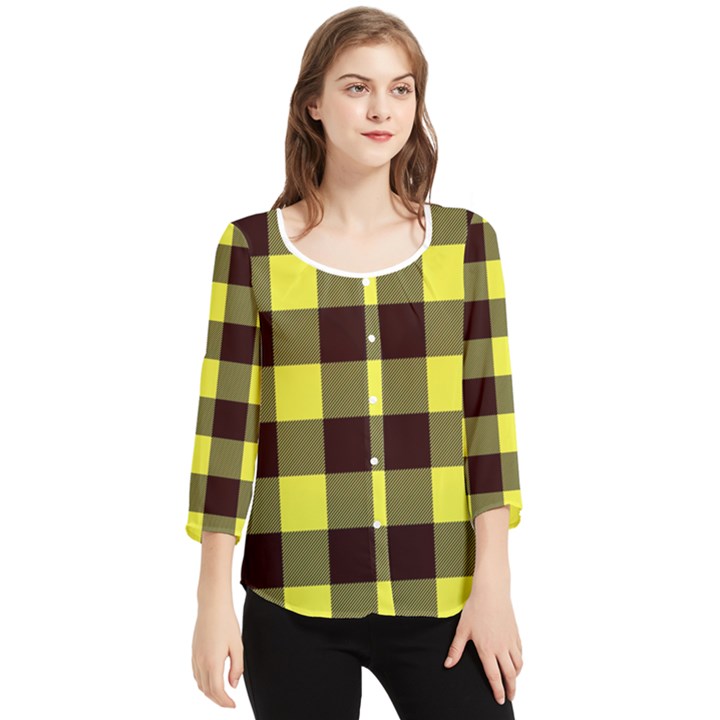 Black and yellow plaids Chiffon Quarter Sleeve Blouse