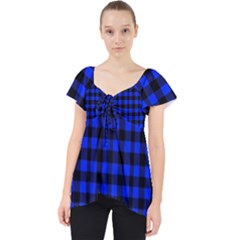 Neon Blue And Black Plaids Lace Front Dolly Top by ConteMonfrey