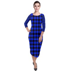 Neon Blue And Black Plaids Quarter Sleeve Midi Velour Bodycon Dress by ConteMonfrey