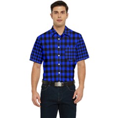 Neon Blue And Black Plaids Men s Short Sleeve Pocket Shirt  by ConteMonfrey