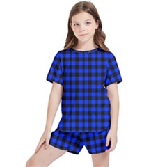 Neon Blue And Black Plaids Kids  Tee And Sports Shorts Set by ConteMonfrey