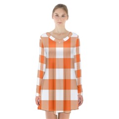 Orange And White Plaids Long Sleeve Velvet V-neck Dress by ConteMonfrey