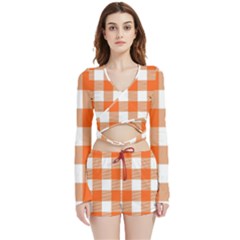 Orange And White Plaids Velvet Wrap Crop Top And Shorts Set by ConteMonfrey