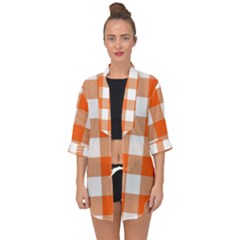 Orange And White Plaids Open Front Chiffon Kimono by ConteMonfrey